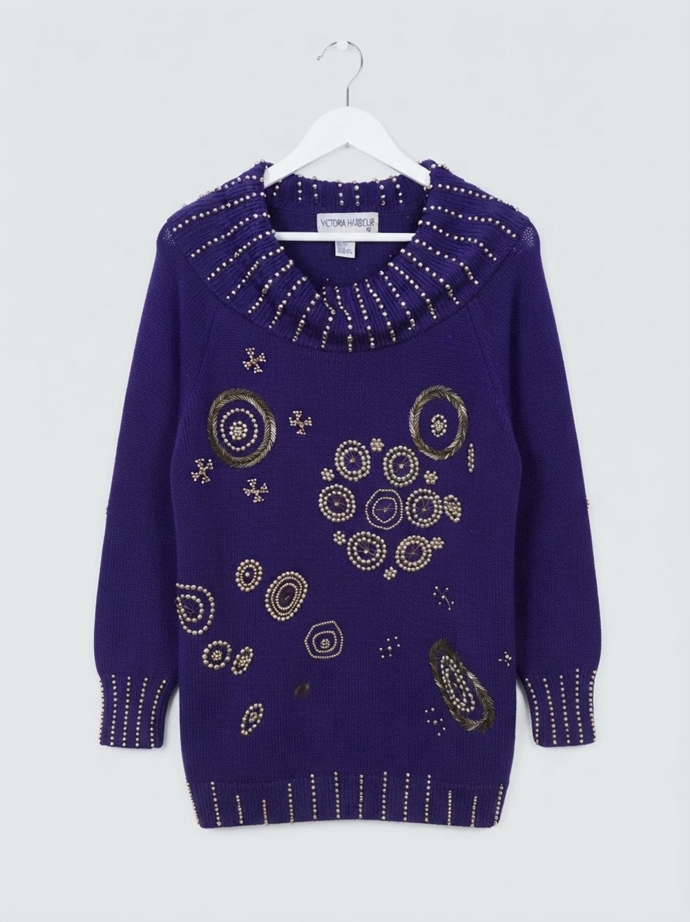 Victoria H. Purple Embellished Cowl-Neck Sweater